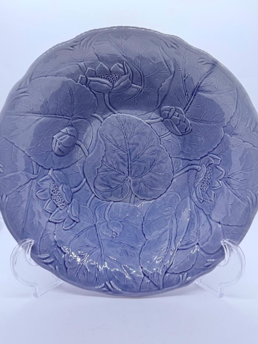Vintage Bordallo Pinheiro Blue Waterlily Lotus Leaf Round Salad Serving Bowl